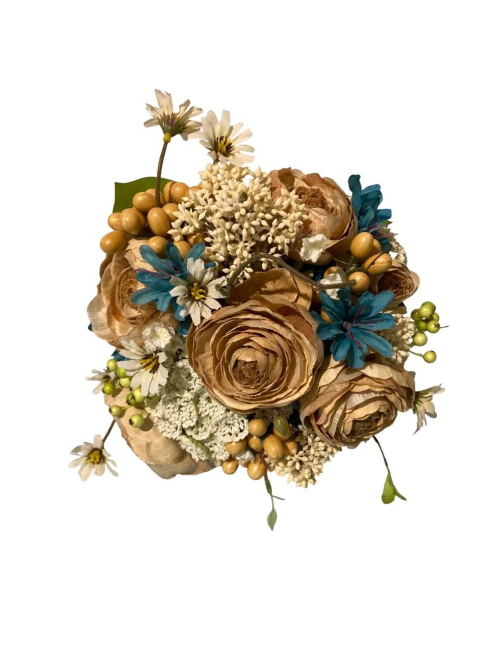 Bridal Flower Bouquet Beige & Blue Blossoms Berry Accents Wedding Or Home Decor